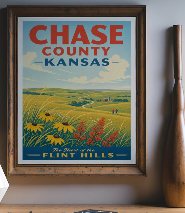 Vintage travel poster for Chase County, Kansas, featuring rolling hills and text.