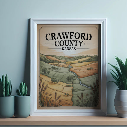 Crawford County, Kansas map with rolling hills and river landscape.
