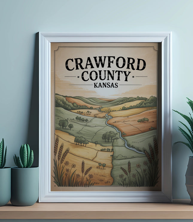 Crawford County, Kansas map with rolling hills and river landscape.