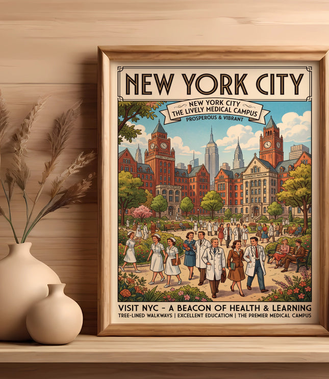 New York City medical campus poster showing buildings and people.