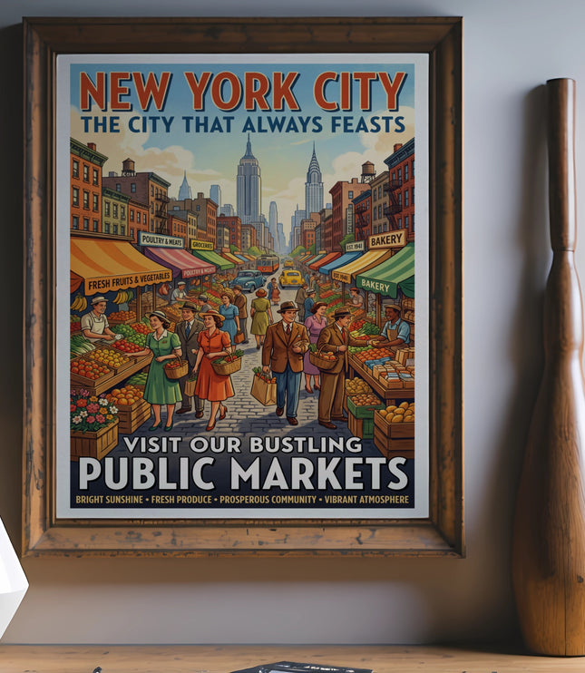 Vintage New York City poster depicting a bustling street market with buildings and people.