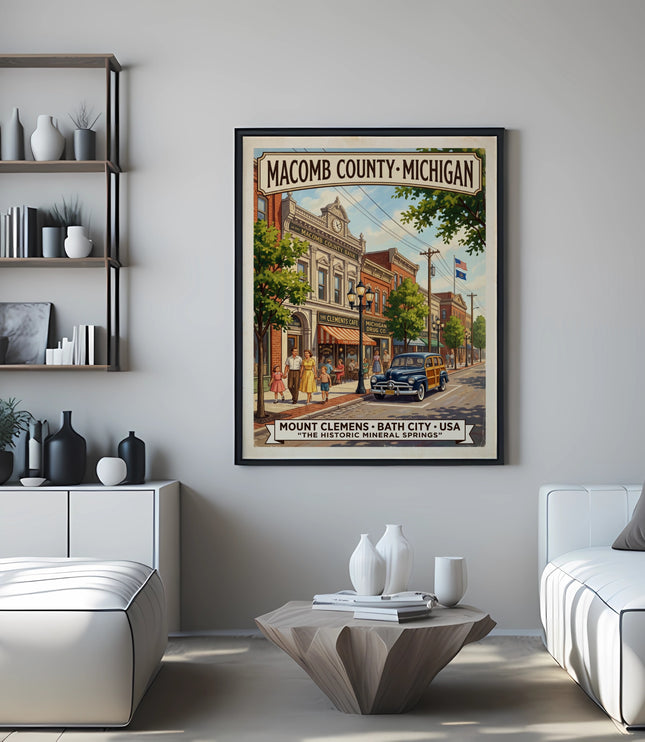 Vintage poster of Mount Clemens, Michigan with "The Historic Mineral Springs" title.