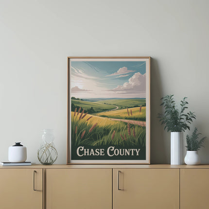 Framed poster of a golden field with text "Chase County" against a cloudy sky.