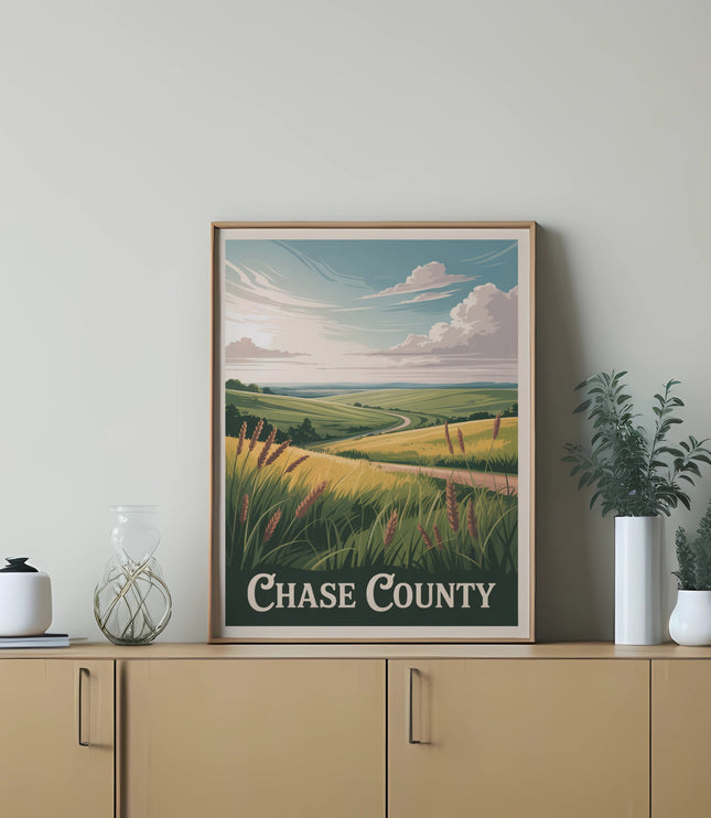 Framed poster of a golden field with text "Chase County" against a cloudy sky.
