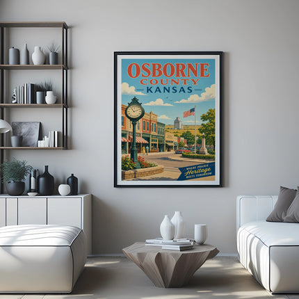 Osborne County, Kansas vintage poster with clock tower and Main Street.
