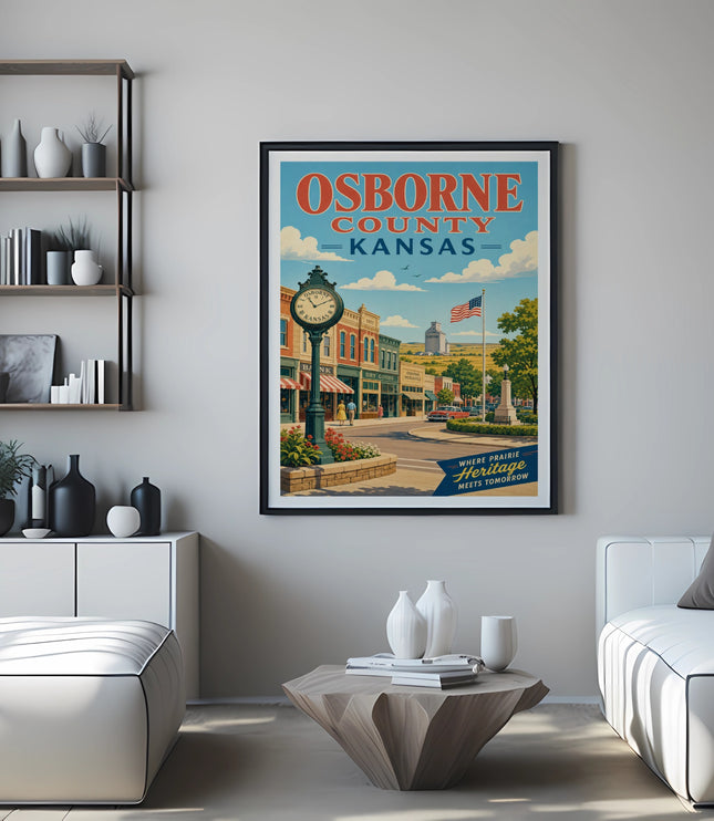 Osborne County, Kansas vintage poster with clock tower and Main Street.