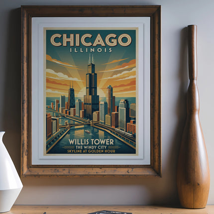 Framed print of Chicago skyline with Willis Tower, "Chicago Illinois" text.