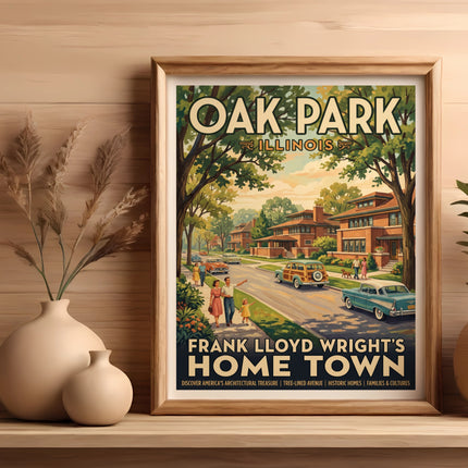 Oak Park Illinois Frank Lloyd Wright's Home Town poster with vintage cars and homes.