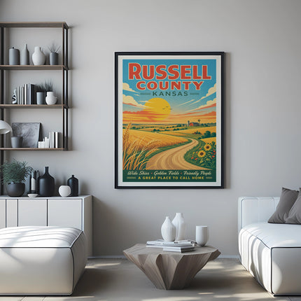 Russell County Kansas travel poster with fields and sky.