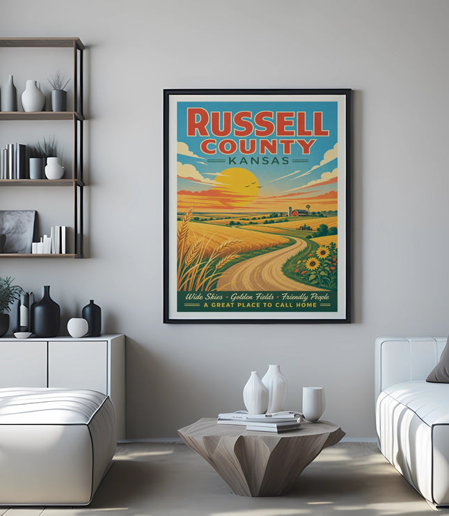 Russell County Kansas travel poster with fields and sky.