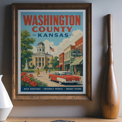 Washington County, Kansas vintage poster with courthouse, drug store, and classic car.