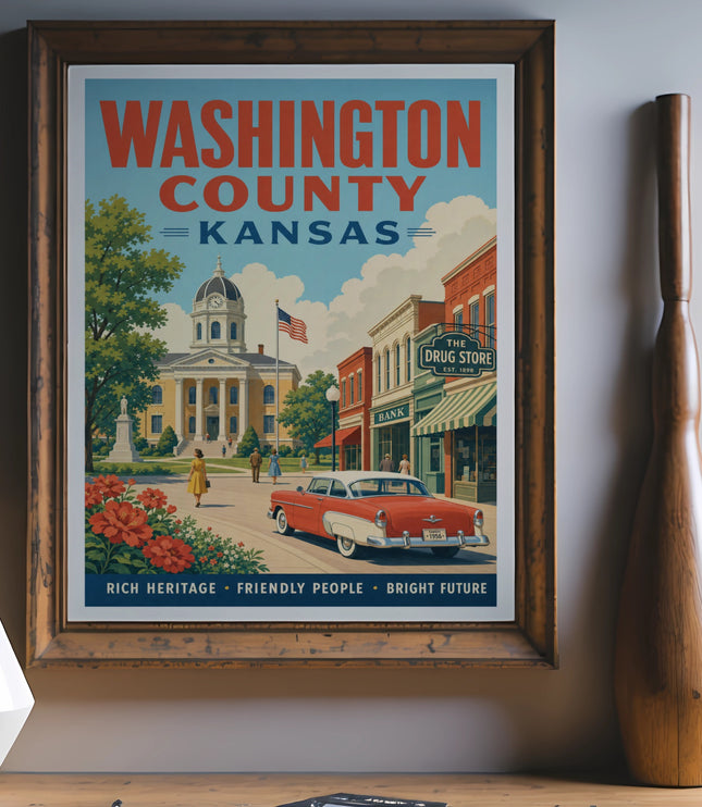 Washington County, Kansas vintage poster with courthouse, drug store, and classic car.