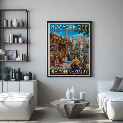 New York University campus bookstore poster with vintage scene and text.