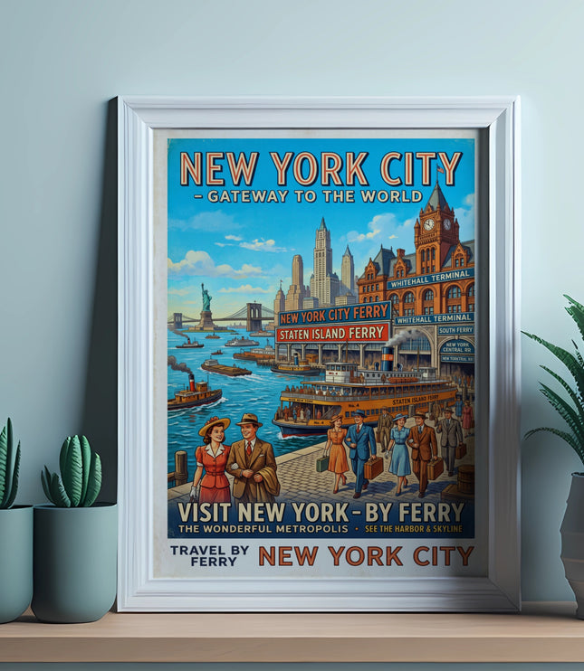 Vintage New York City poster advertising ferry travel with city skyline and harbor scenes.