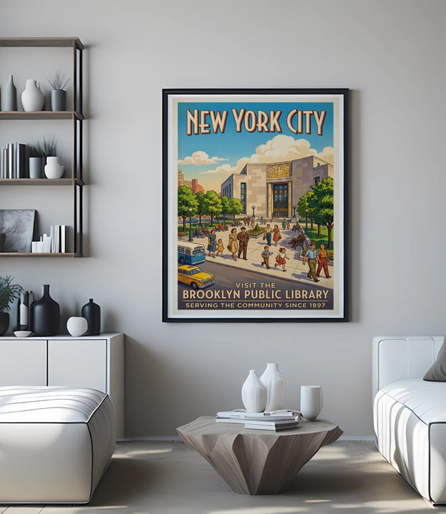 New York City Brooklyn Public Library vintage travel poster.