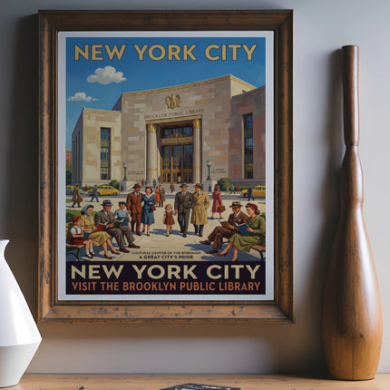 Vintage New York City poster featuring Brooklyn Public Library with people.