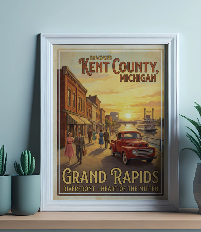 Vintage poster of Grand Rapids, Kent County, Michigan with riverboat and red truck.