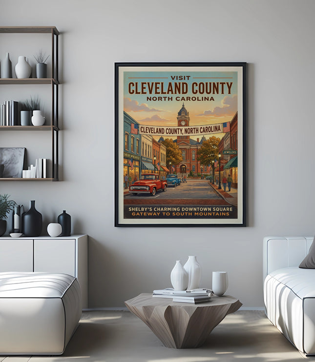 Vintage poster of Cleveland County, North Carolina downtown square street scene.