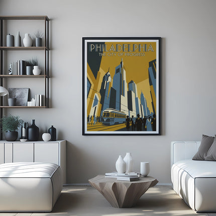 Philadelphia: The City of Progress travel poster featuring cityscape and trolley.