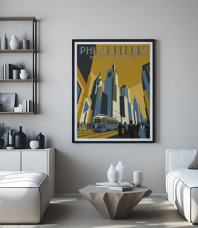 Philadelphia: The City of Progress travel poster featuring cityscape and trolley.