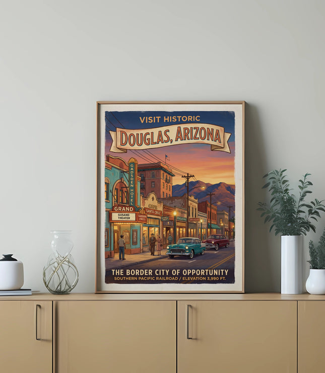 Vintage travel poster: Visit historic Douglas, Arizona, border city of opportunity.