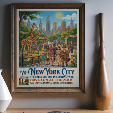 Vintage New York City Central Park Zoo poster with animals and text.