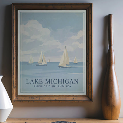 Vintage poster of sailboats on Lake Michigan with text "Lake Michigan America's Inland Sea".