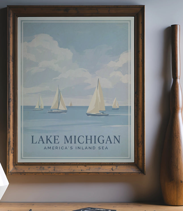 Vintage poster of sailboats on Lake Michigan with text "Lake Michigan America's Inland Sea".