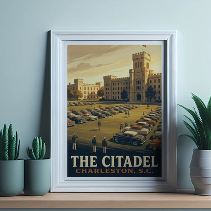 Poster of "The Citadel Charleston, S.C." with vintage cars and cadets.
