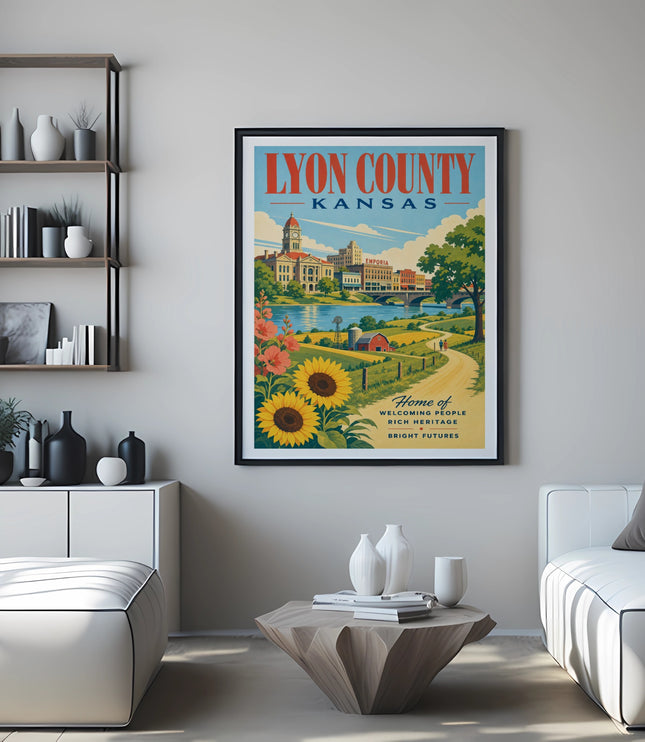 Lyon County Kansas travel poster with sunflowers and a vintage cityscape.