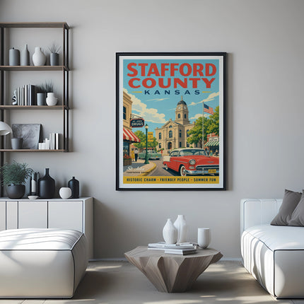 Stafford County Kansas vintage travel poster with red car and courthouse.