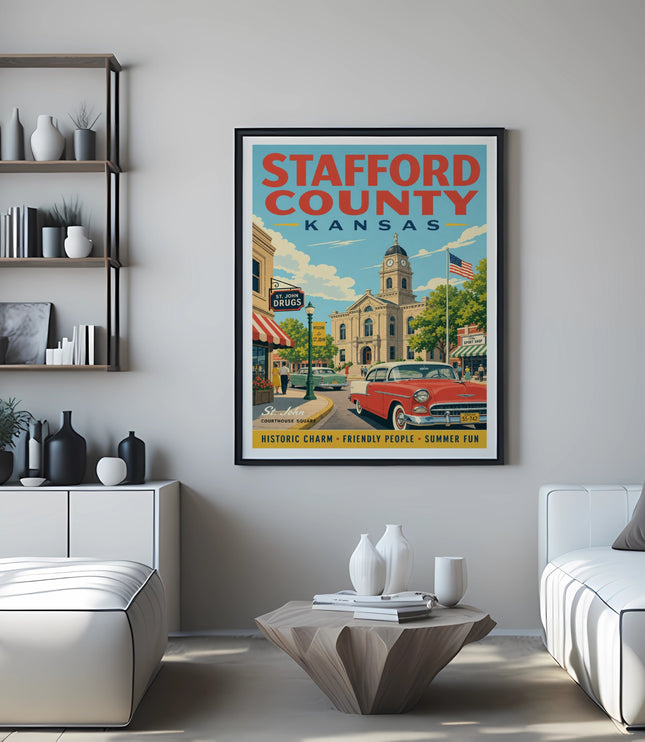 Stafford County Kansas vintage travel poster with red car and courthouse.