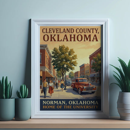 Norman, Oklahoma postcard with a street scene and vintage truck, featuring text "Cleveland County, Oklahoma".
