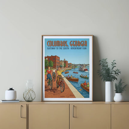 Columbus, Georgia poster showing riverfront with people biking and boats.