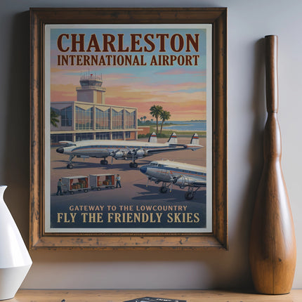 Vintage poster of Charleston International Airport with airplanes and luggage carts.