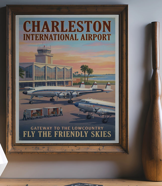 Vintage poster of Charleston International Airport with airplanes and luggage carts.
