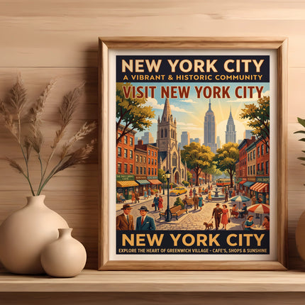 New York City vintage travel poster featuring Greenwich Village street scene.