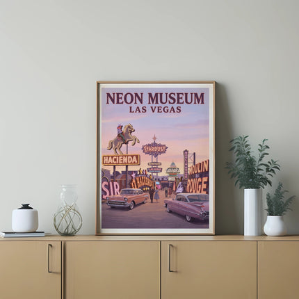 Neon Museum Las Vegas poster showing vintage signs and cars at sunset.