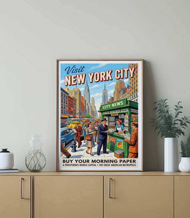 Vintage poster of New York City scenes, including skyscrapers and a newsstand.