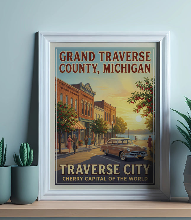 Poster of Grand Traverse County, Michigan with Traverse City, Cherry Capital of the World.