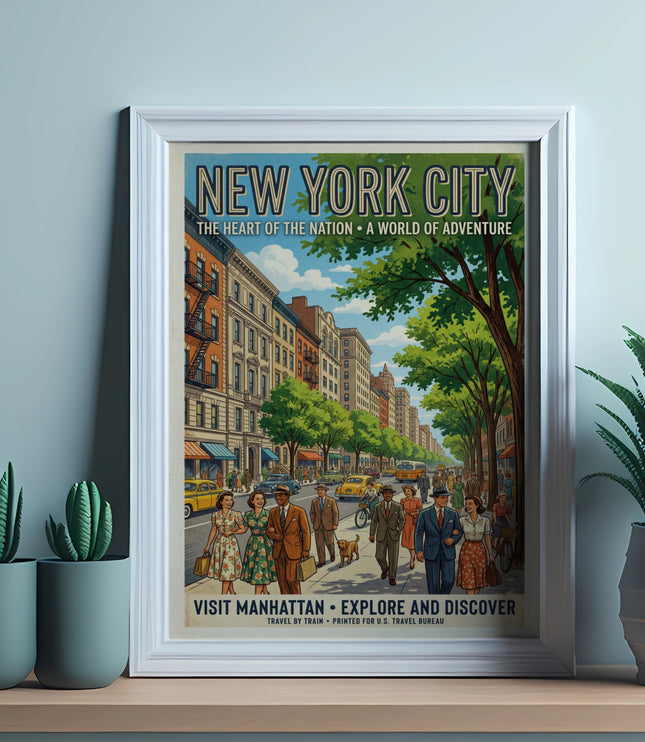 New York City vintage travel poster featuring people, cars, and buildings.