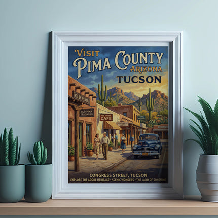 Vintage travel poster for Pima County, Arizona, featuring Tucson and Congress Street.