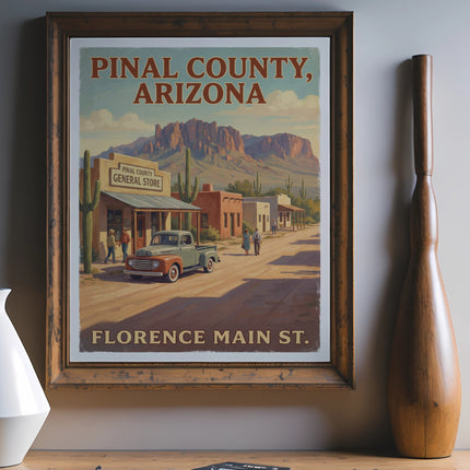 "Pinal County, Arizona Florence Main St." vintage travel poster with general store and truck.