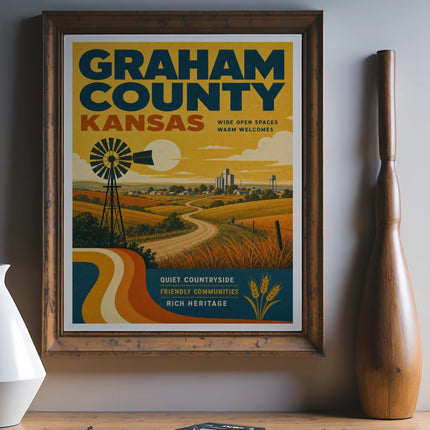 Graham County Kansas vintage travel poster with windmill and rural landscape.