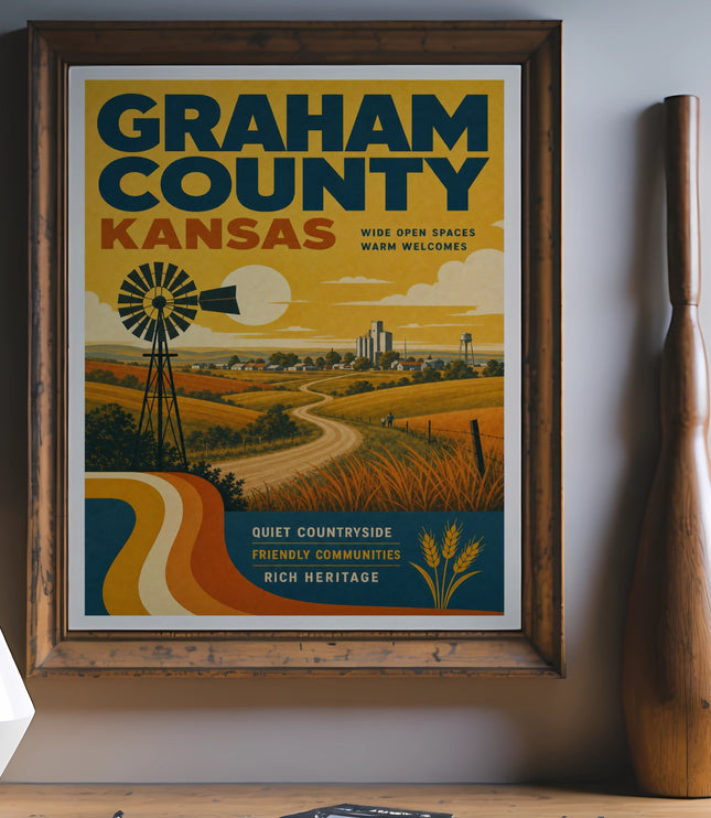 Graham County Kansas vintage travel poster with windmill and rural landscape.