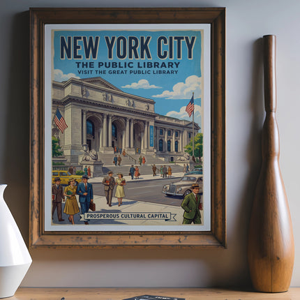 New York City, The Great Library poster with people and cars.