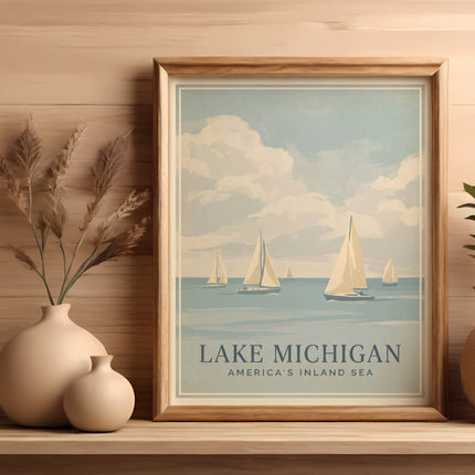 Framed "Lake Michigan, America's Inland Sea" print with sailboats on water.