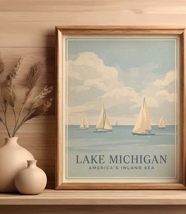 Framed "Lake Michigan, America's Inland Sea" print with sailboats on water.