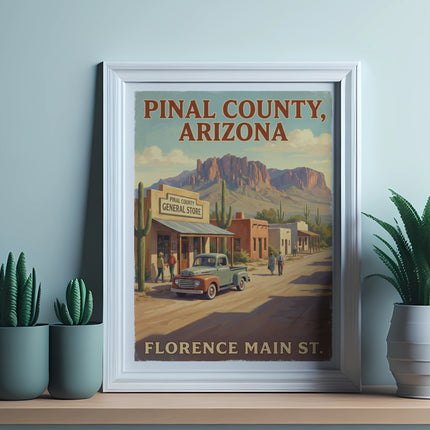 Pinal County, Arizona, Florence Main St. vintage art with general store and mountains.