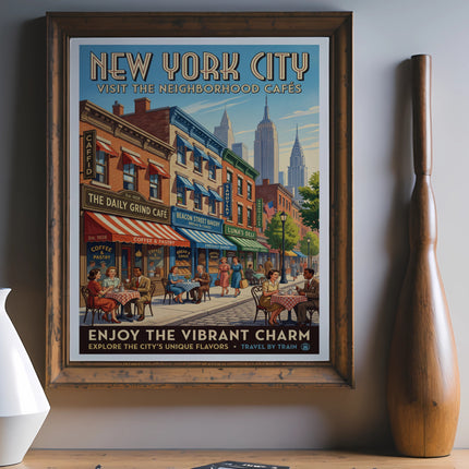 New York City travel poster featuring neighborhood cafes and the Empire State Building.